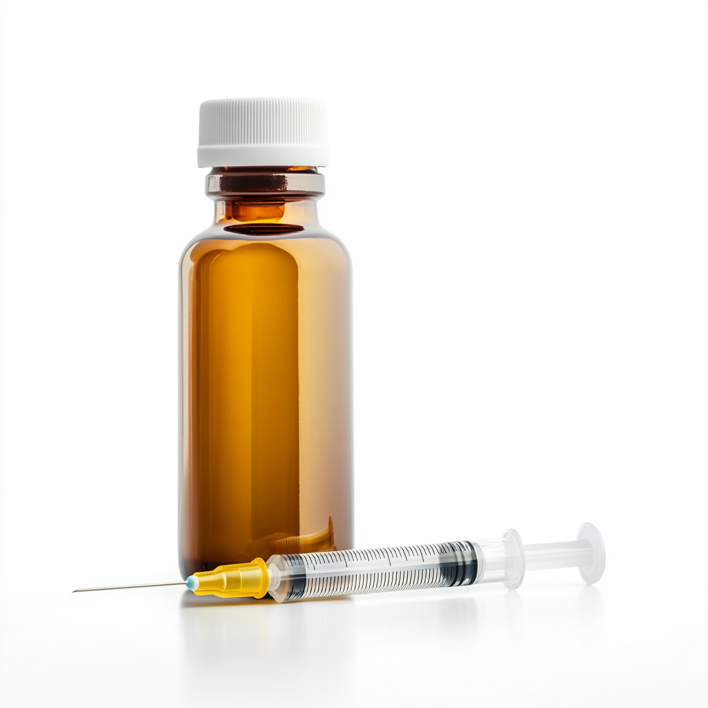 A big medicine bottle with syringe of liquid