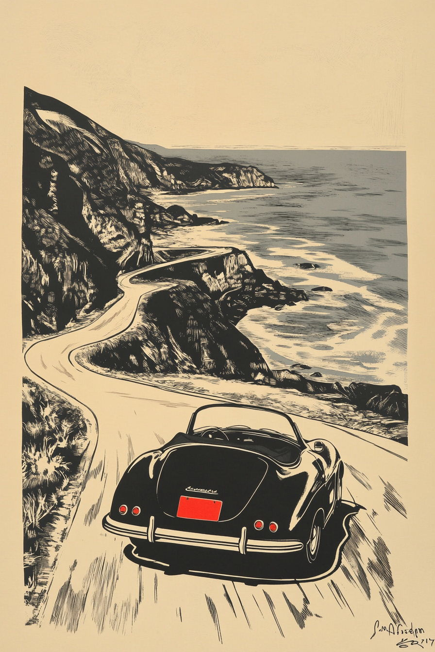 A black and white Porsche driving on coast.