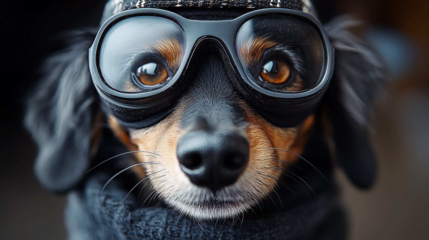 A black and white dachshund wears a ski mask.