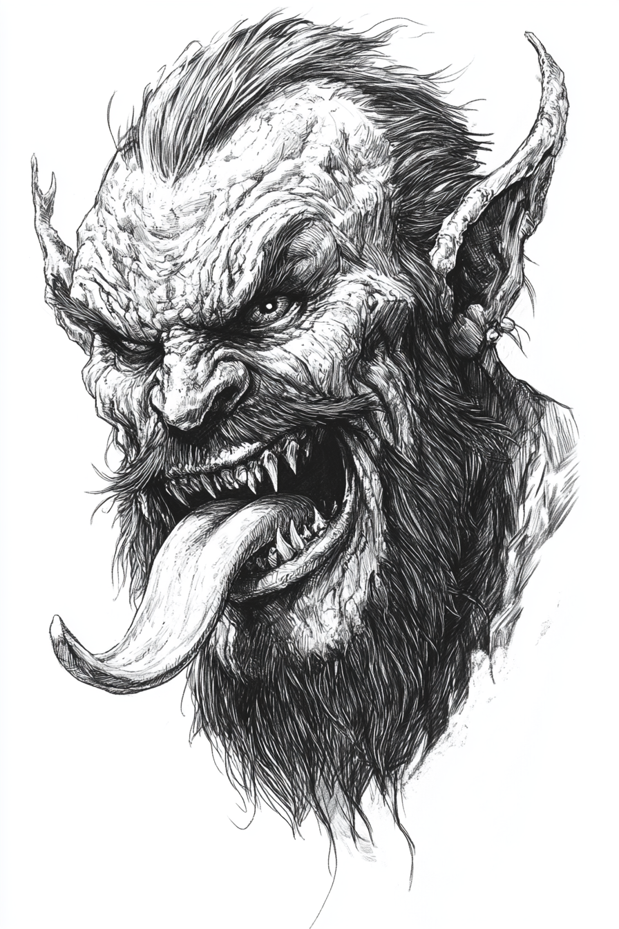 A black-and-white drawing of a Krampus flicking tongue.