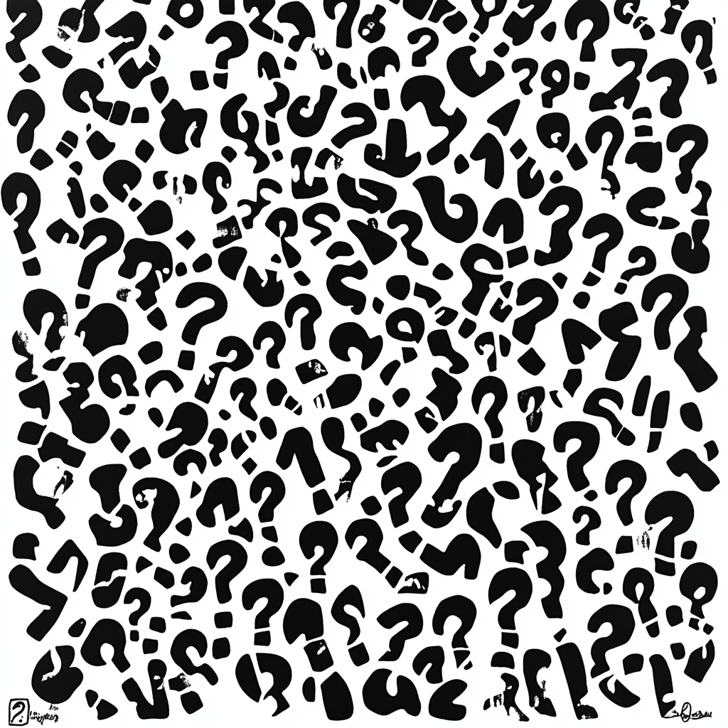 A black and white question mark pattern.