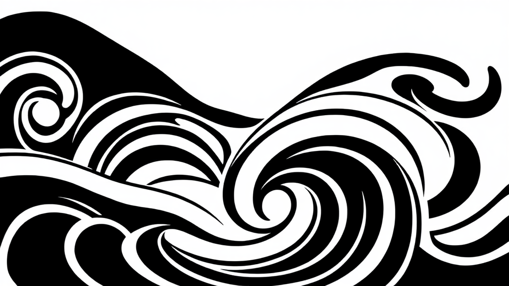 A black and white swirling water artwork.