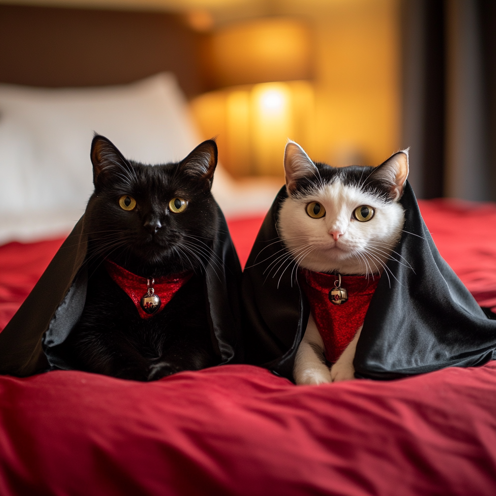 A black cat and a white cat in costume