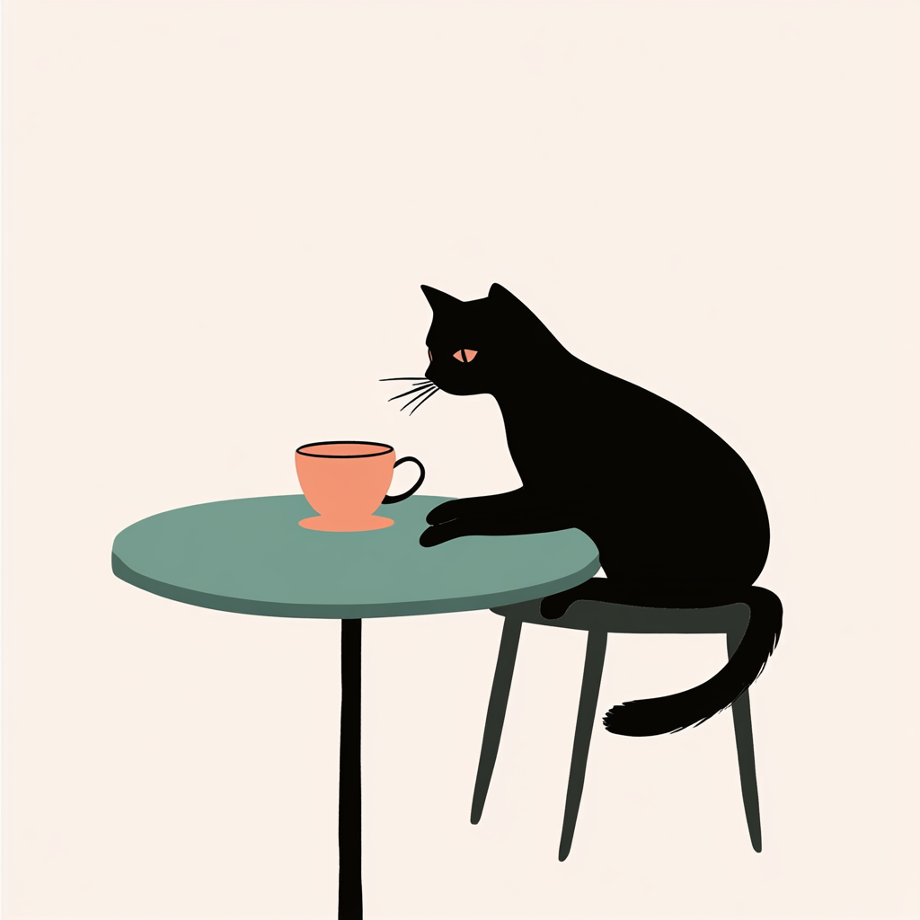 A black cat sitting at a table.