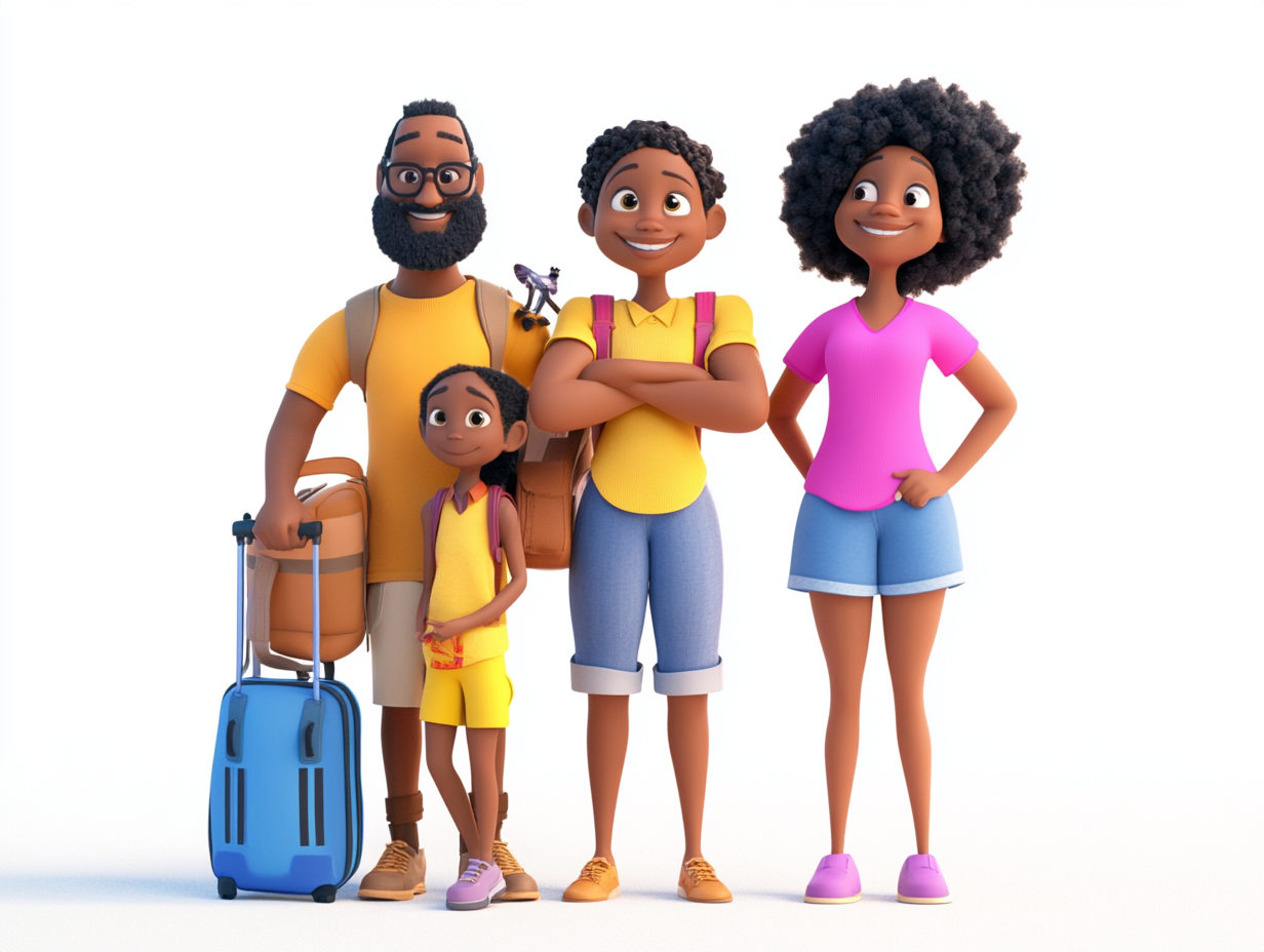 A black family of four excited for vacation