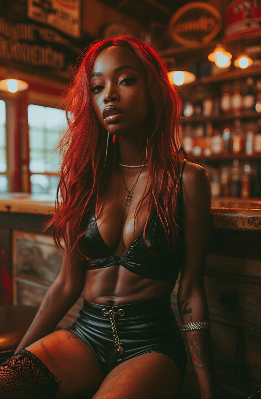 A black female model dressed as Jessica Rabbit