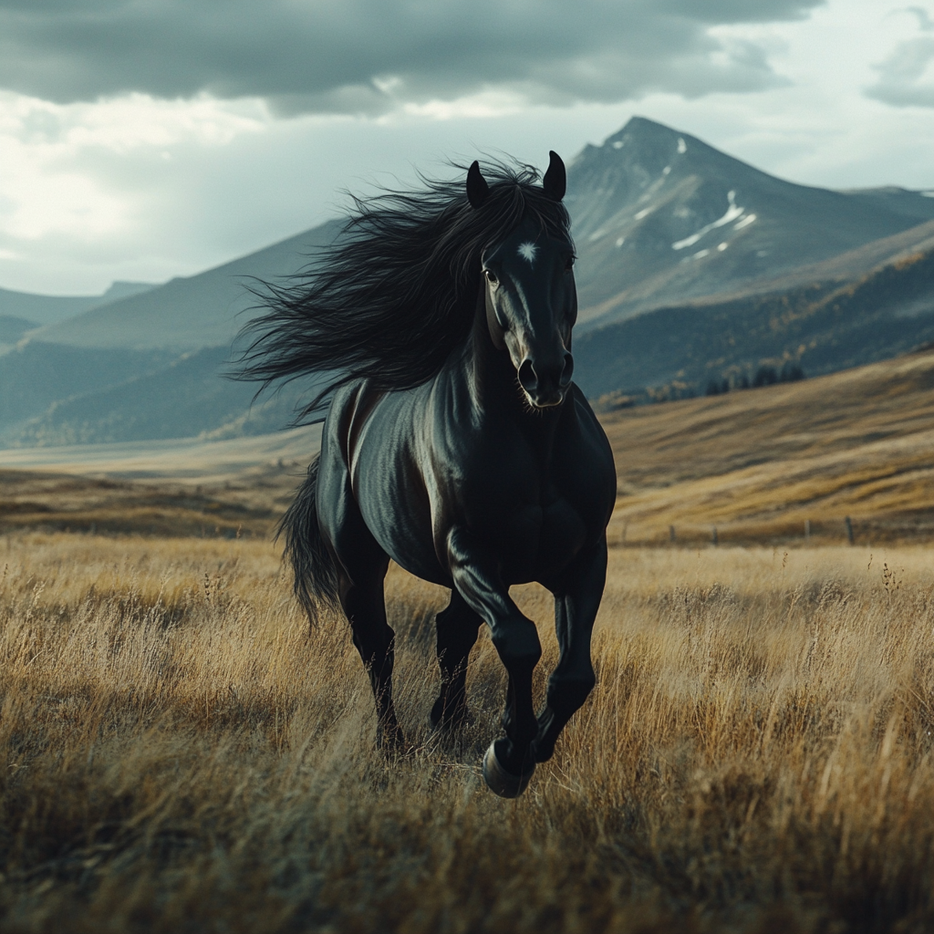 A black horse gallops out of magical shadows.