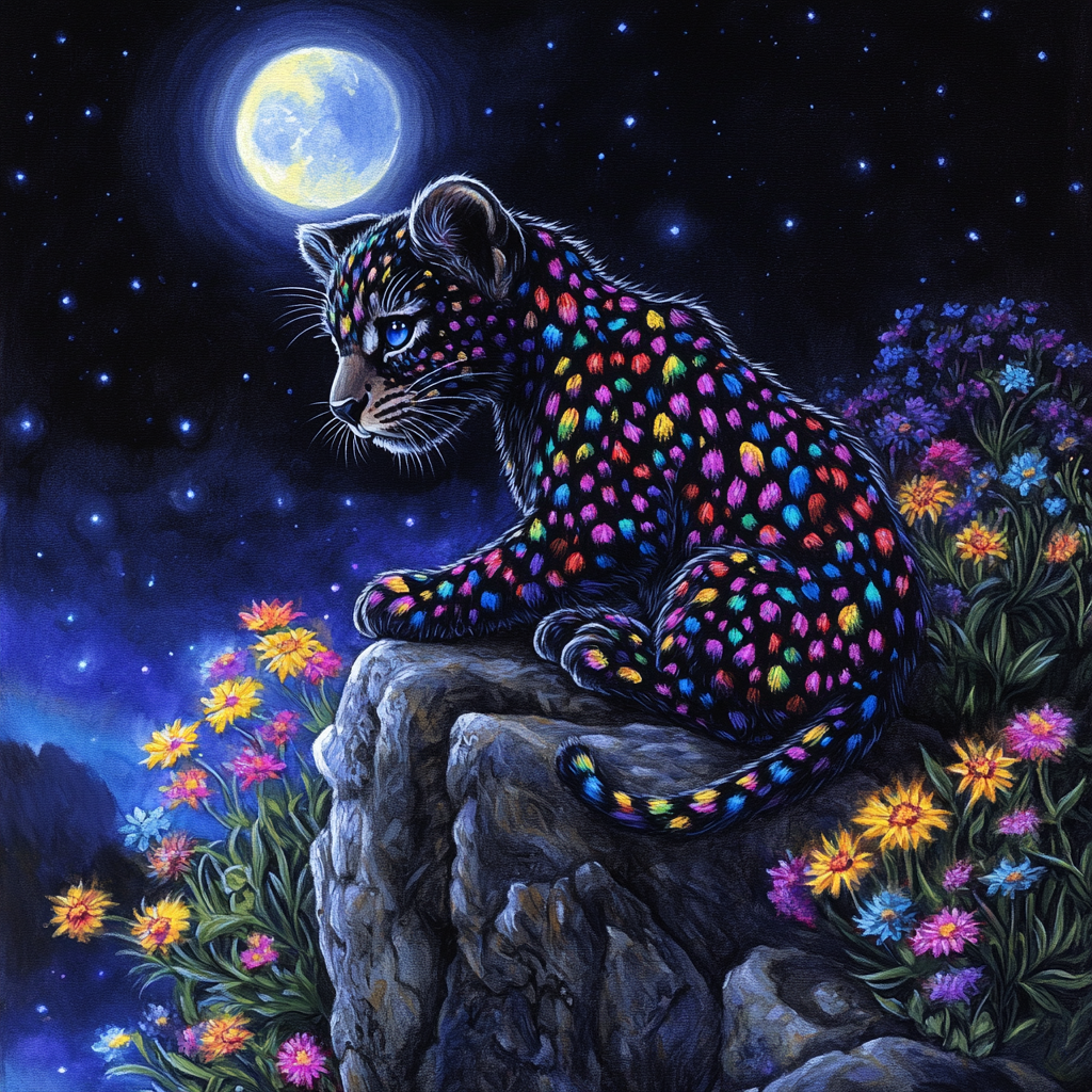 A black leopard cub with colorful spots at night