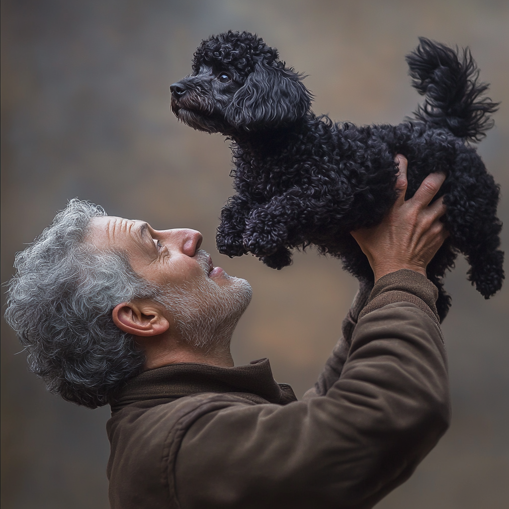 A black poodle jumps into elderly man's arms