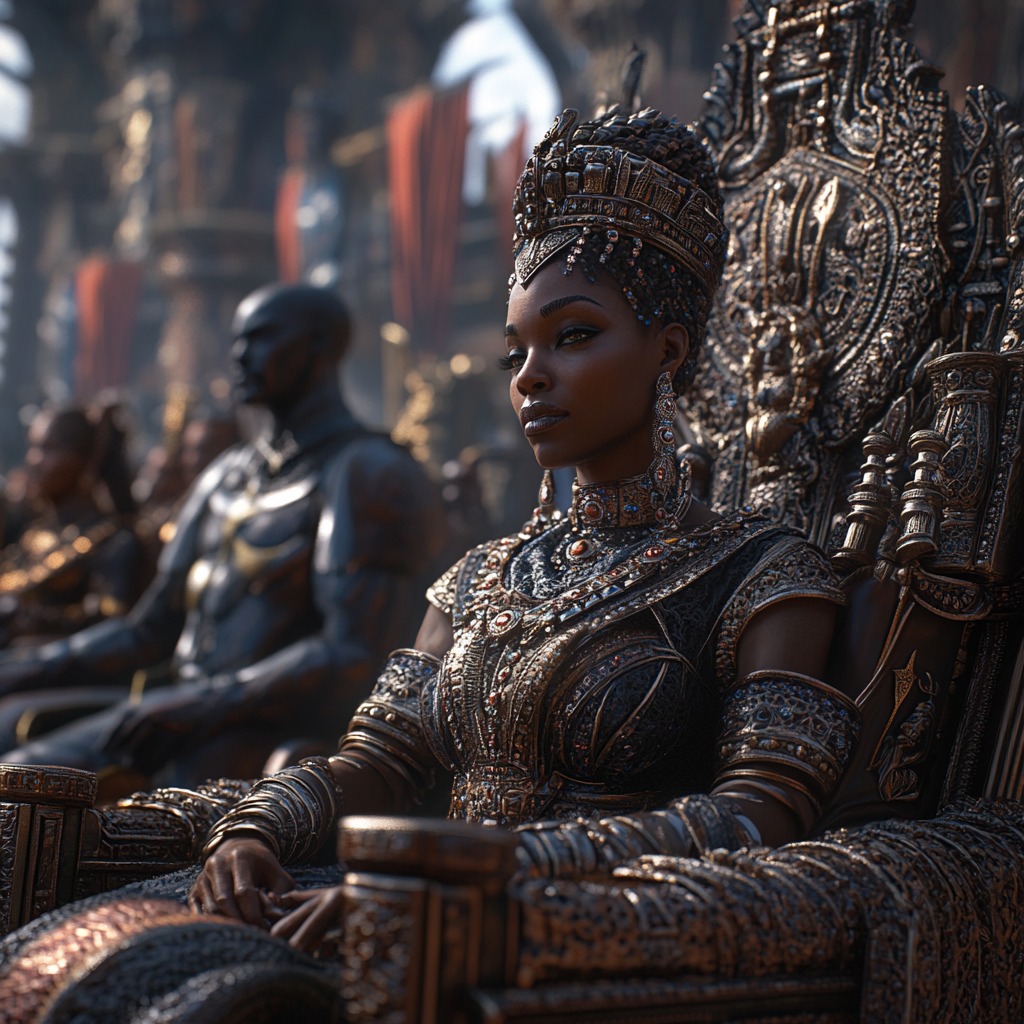 A black queen reigns among royalty in 8k.