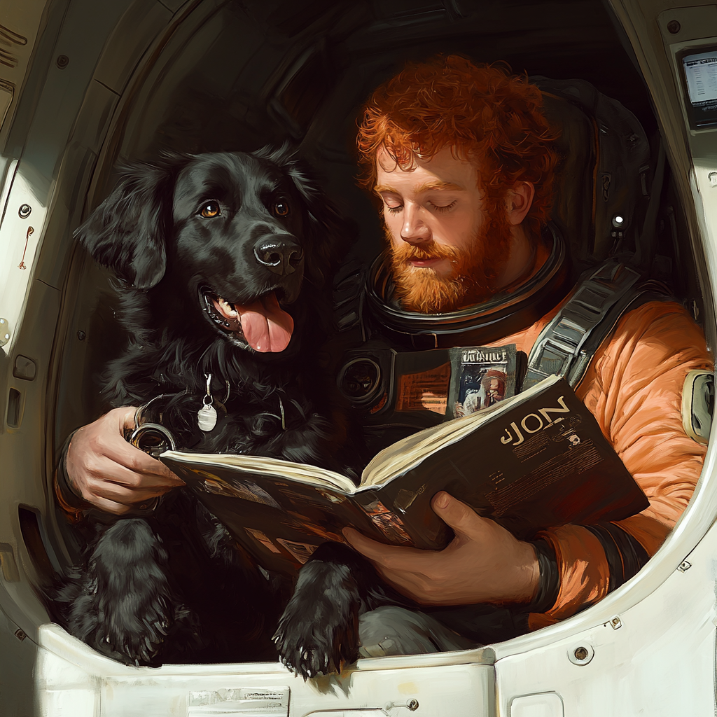 A black spaniel-shepherd mix dog massaging red-headed man.