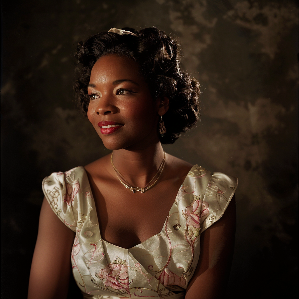 A black woman in 30s in vintage dress.