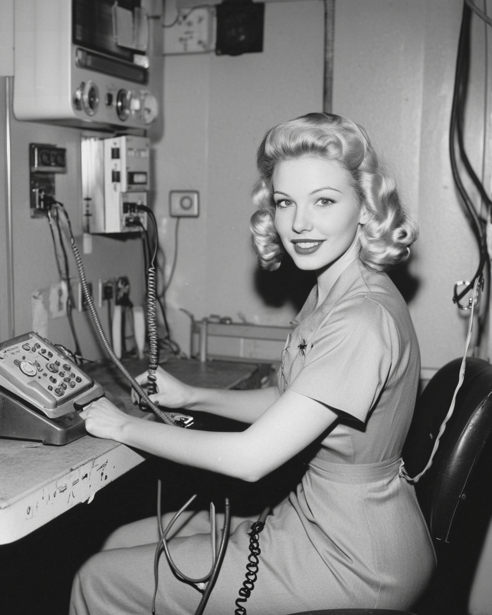 A blond nurse with a vintage phone in basement