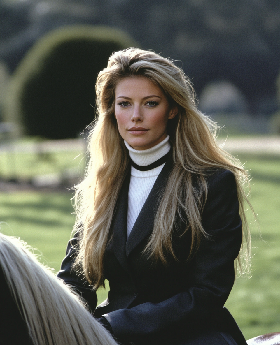 A blond woman in business suit riding horse