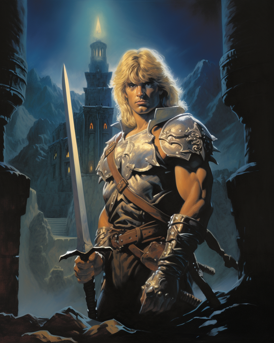 A blonde man with weapon outside castle at night