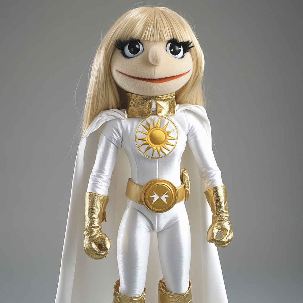 A blonde superheroine puppet with white and gold outfit.