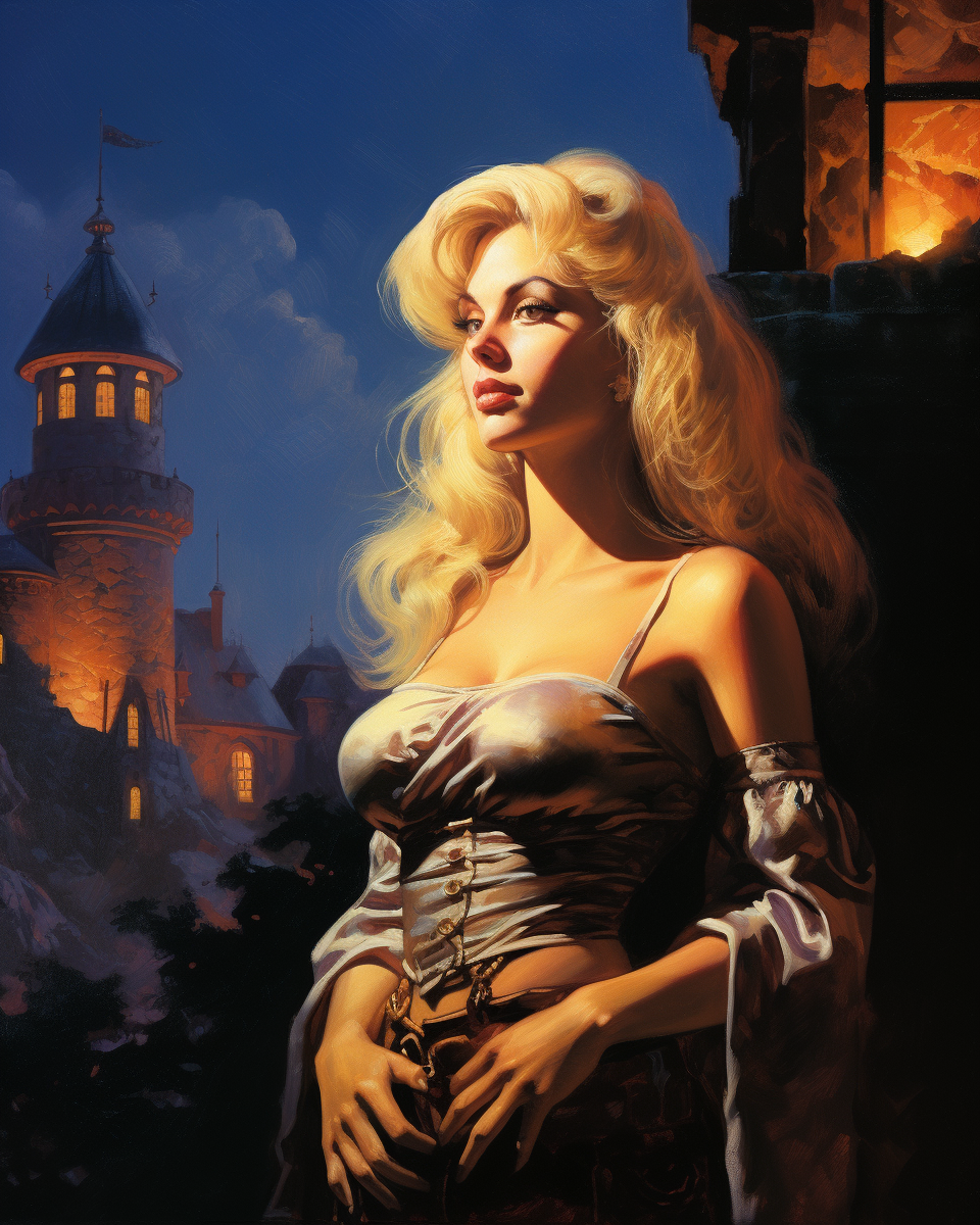 A blonde woman at a castle at night.