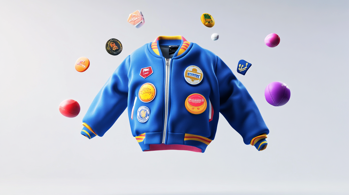 A blue Nike baseball jacket with colorful badges