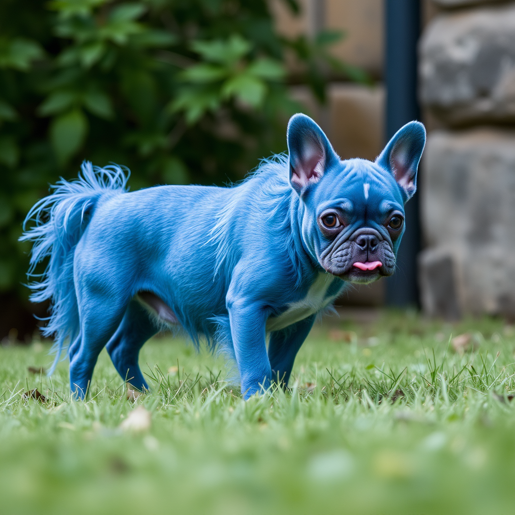 A blue dog in the park.