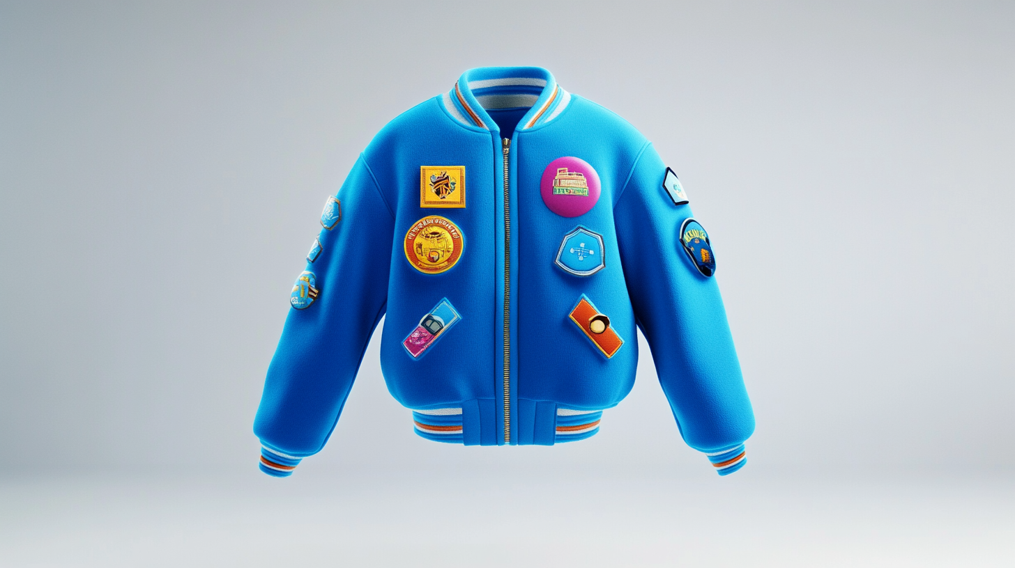 A blue jacket with colorful badges floating