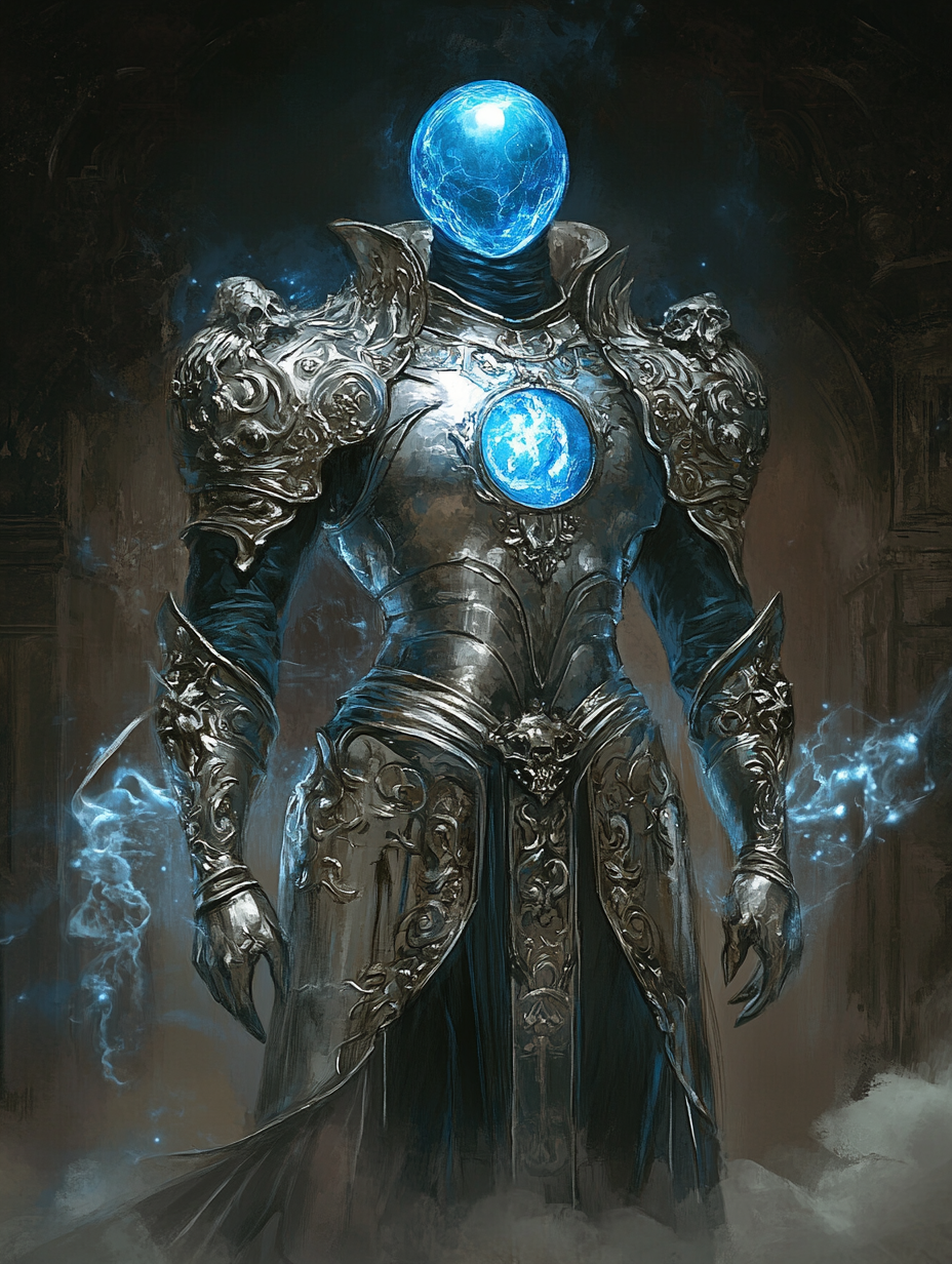 A blue plasmoid figure in silver knight's armor.