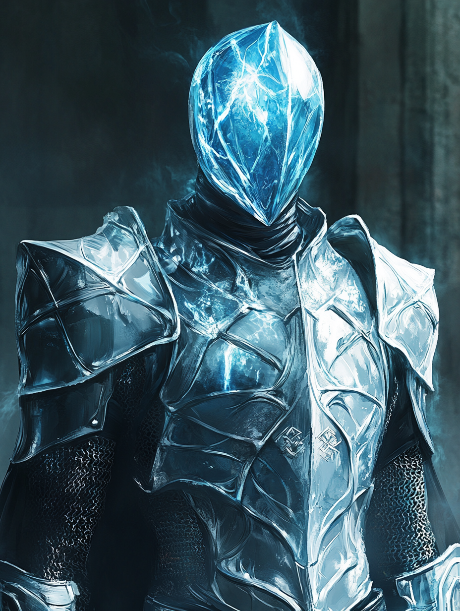 A blue plasmoid wearing shiny silver knight's armor.