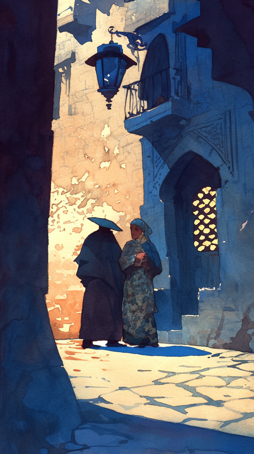 A bold watercolor painting of a couple in Morocco.