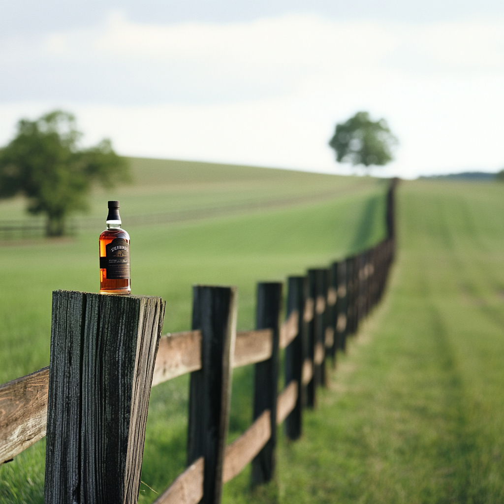 A bourbon bottle on a fence in Kentucky grassy hills.