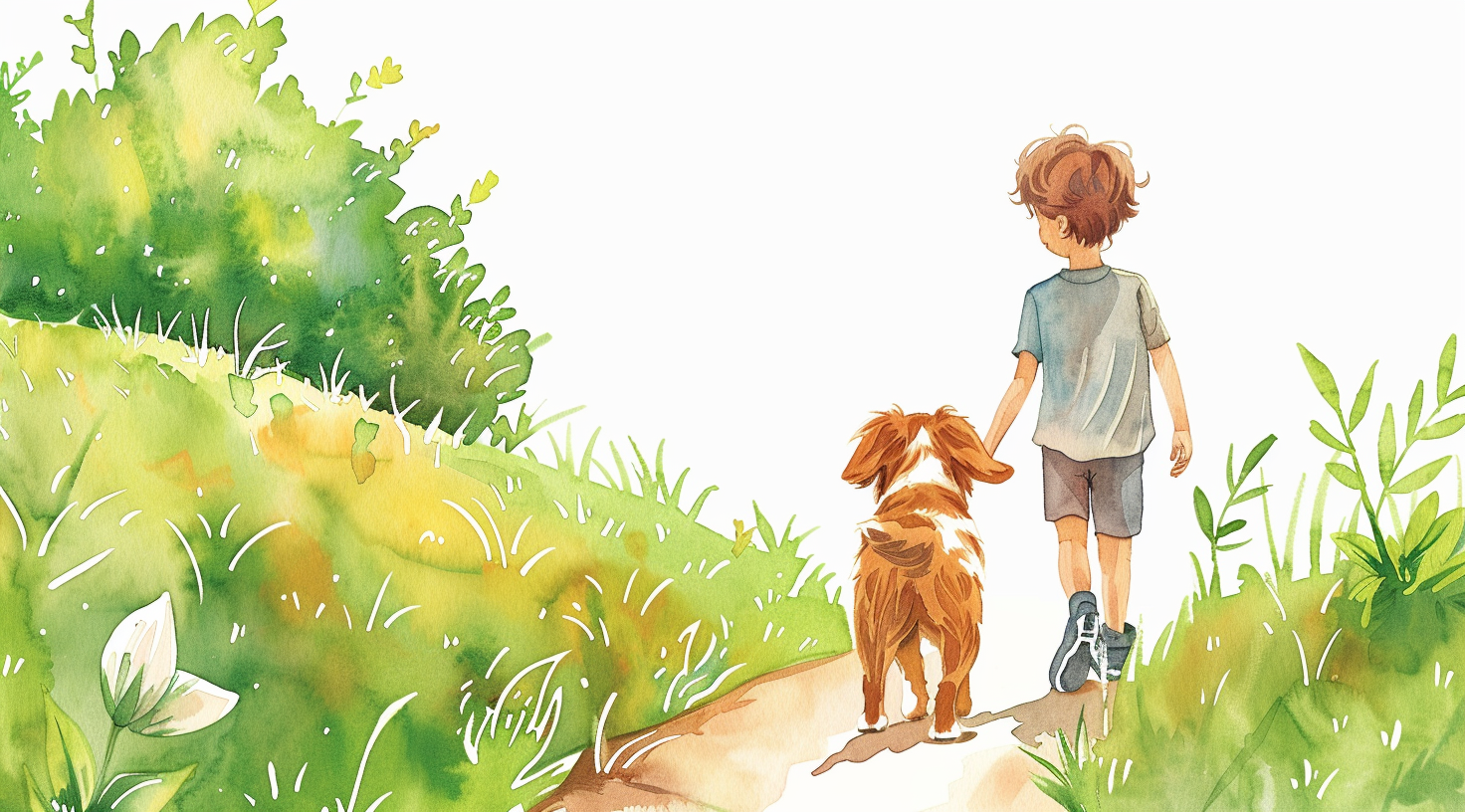 A boy and puppy walking in watercolor painting