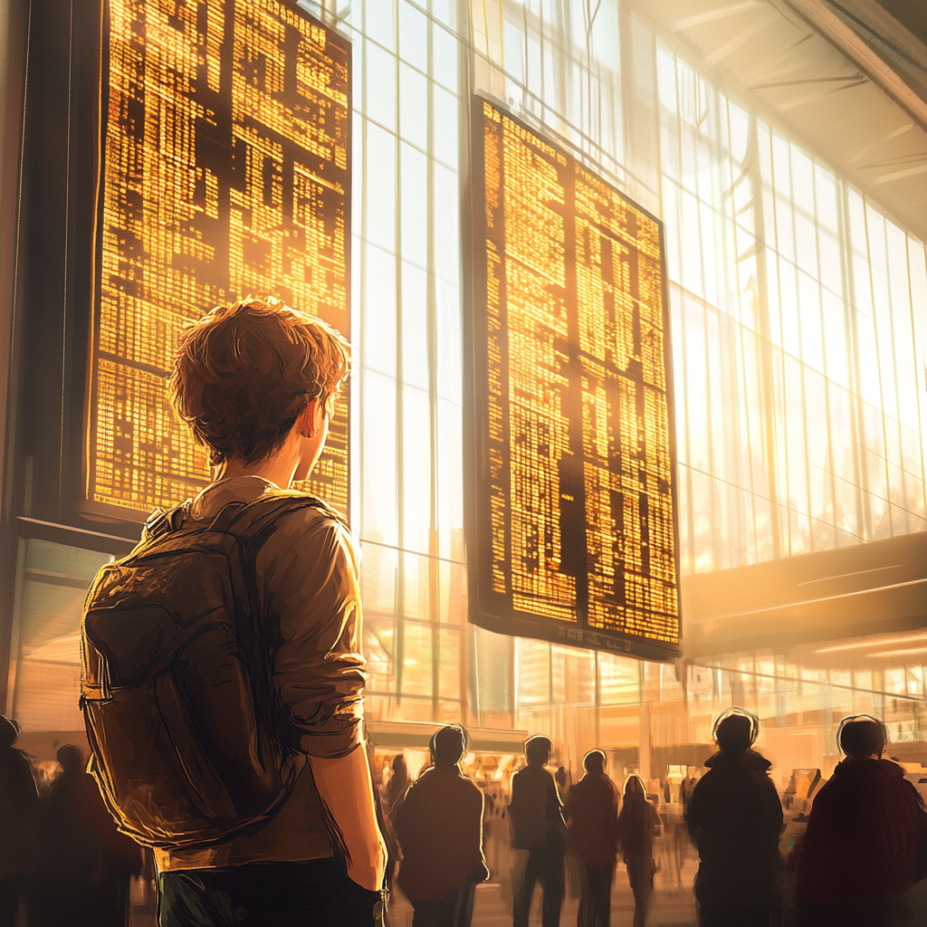 A boy at airport looks at board excitedly