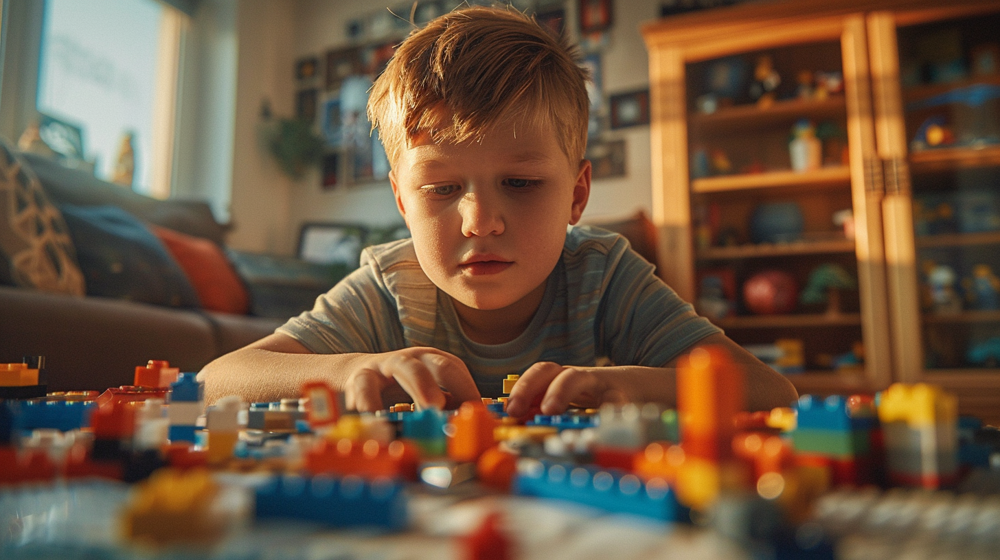 A boy building a Lego space station