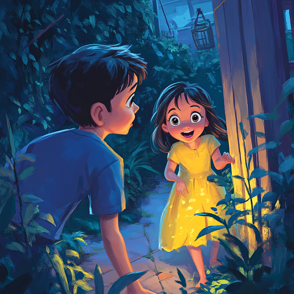 A boy finds a girl hiding in backyard.