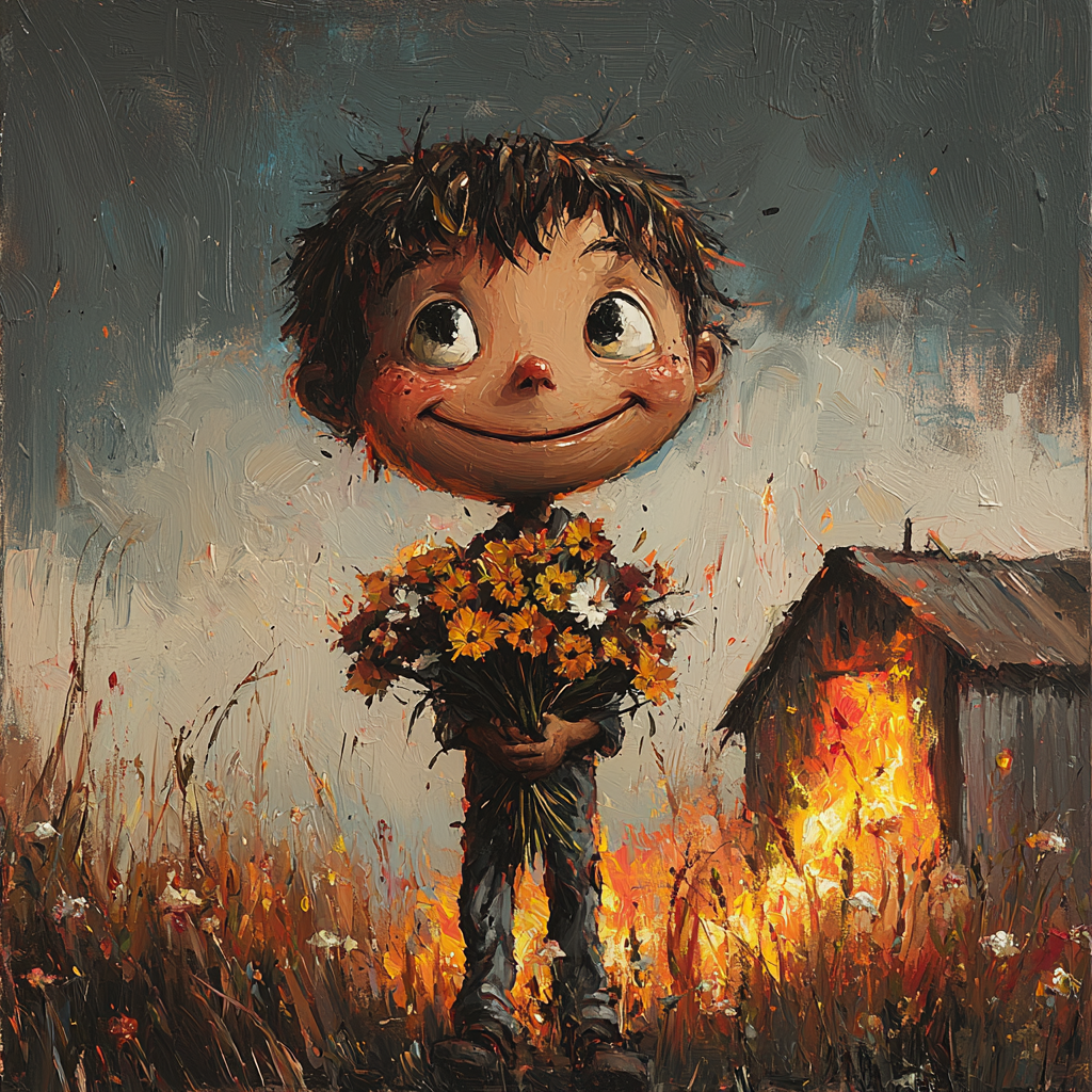 A boy grinning with burnt flowers, shed on fire.