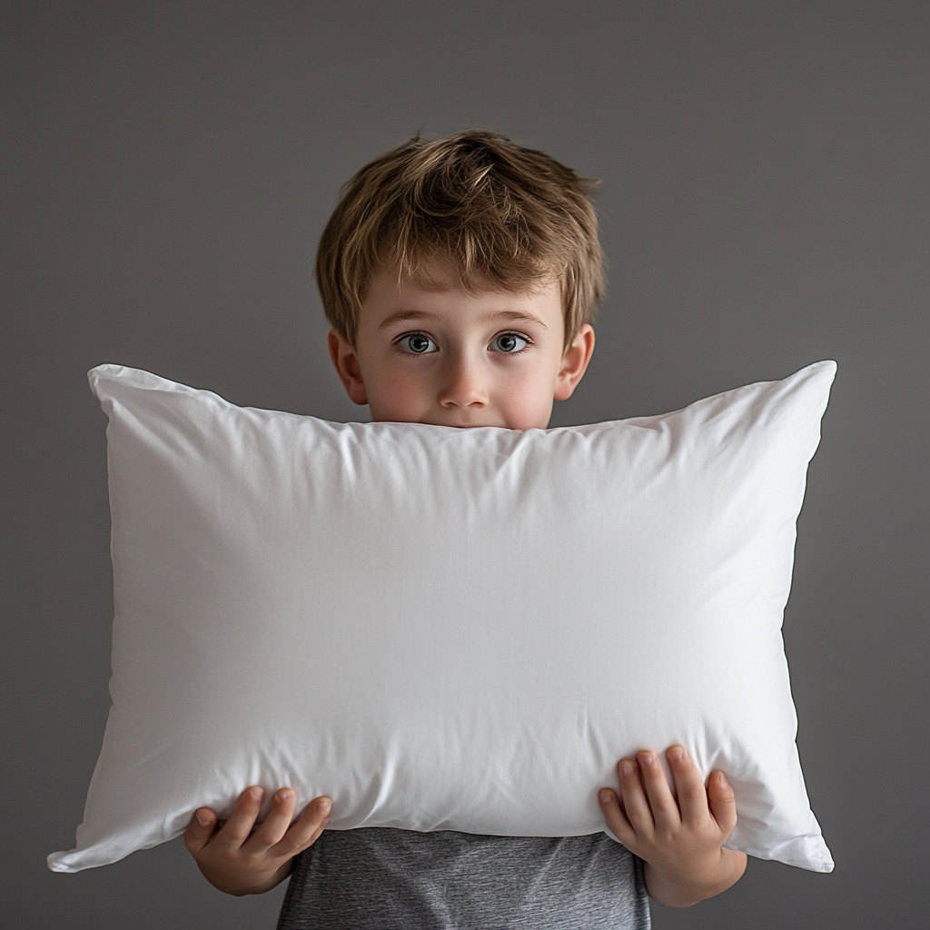 A boy holds big pillow with innocence.