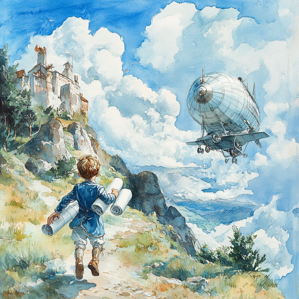 A boy in blue vintage clothes running to airship