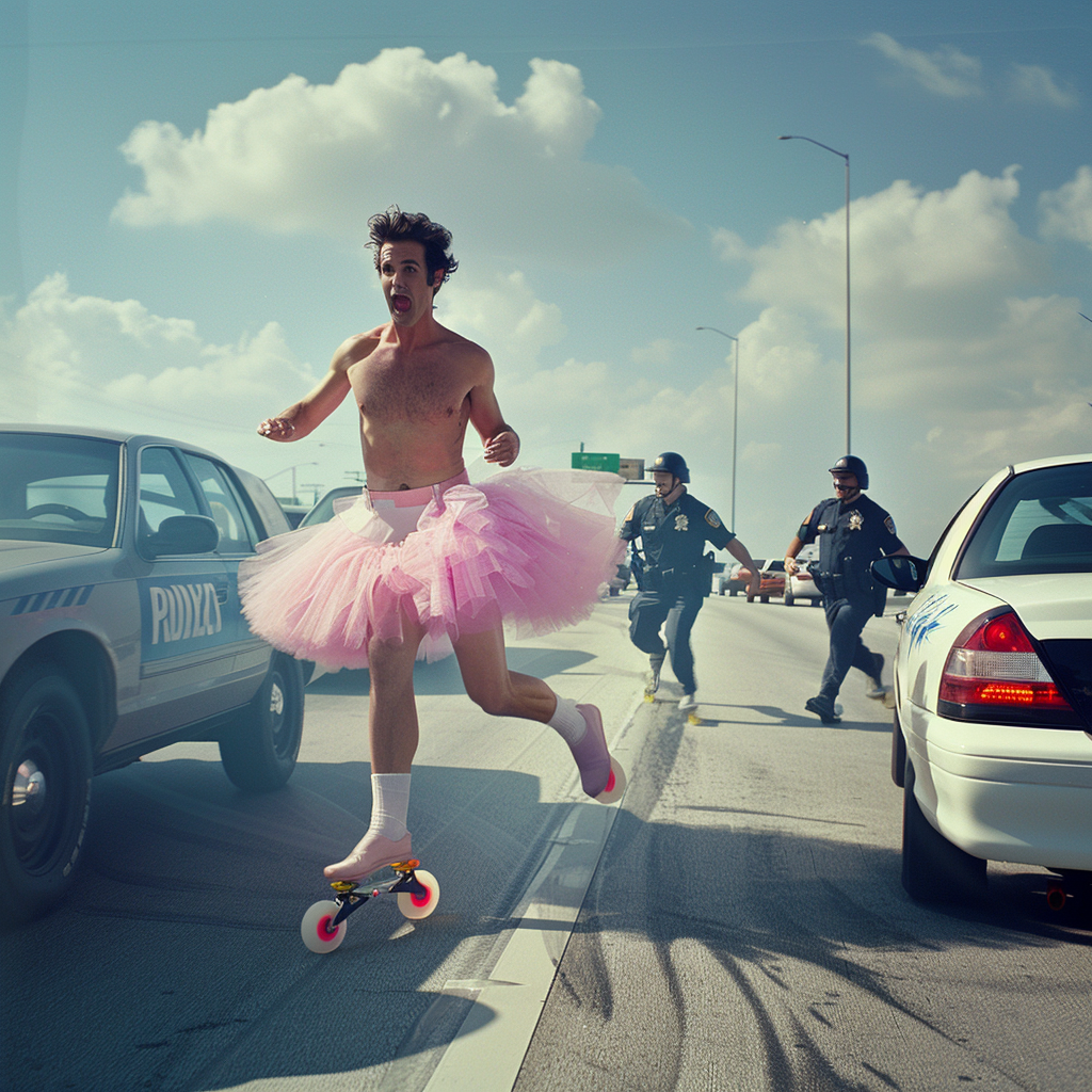 A boy in pink tutu rollerskates evades police