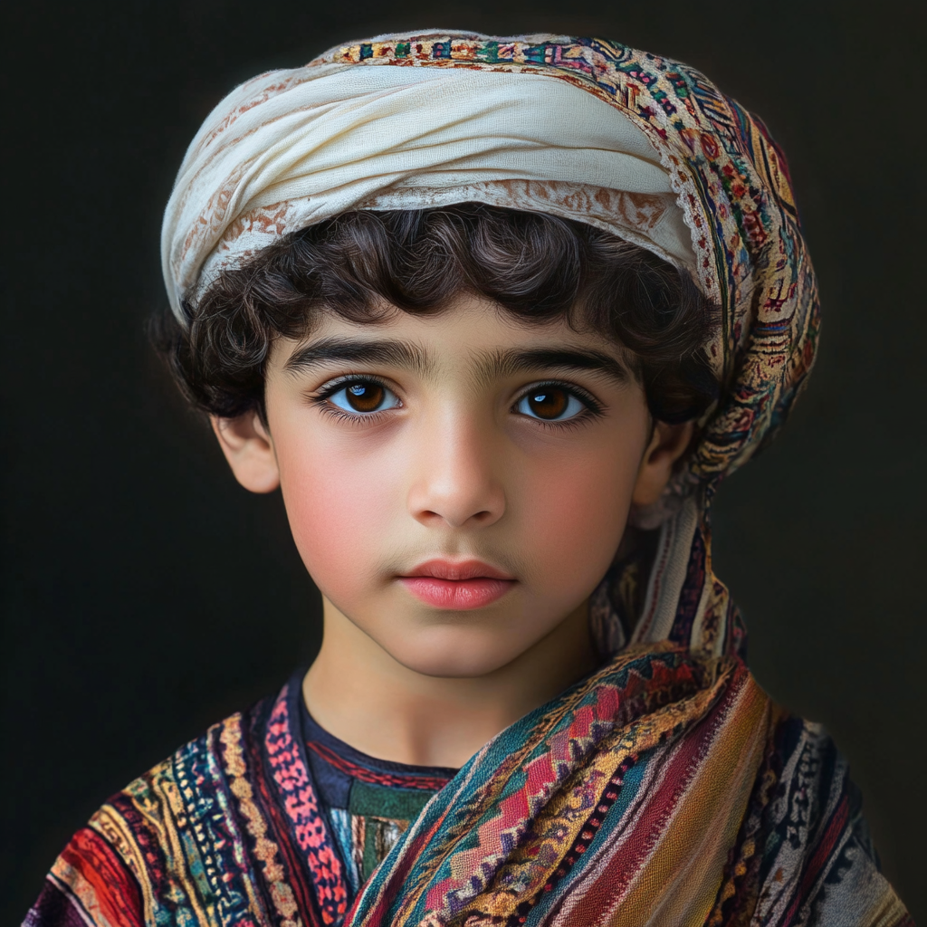 A boy in traditional Arab clothing with curly hair.