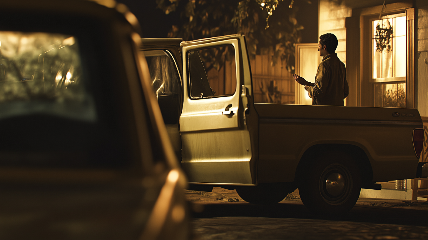 A boy talks to a man by a truck.