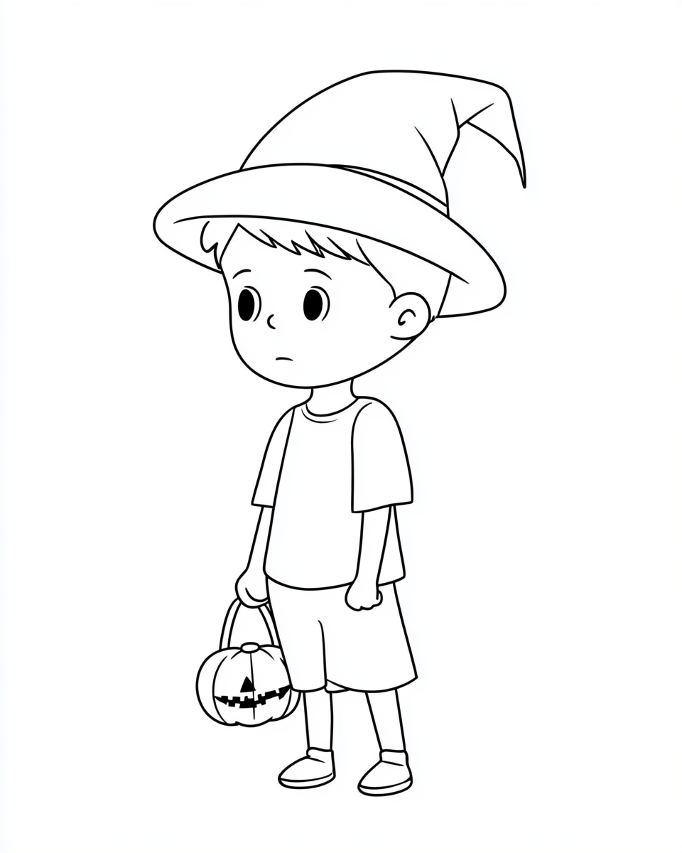 A boy wearing a witch hat, holding a trick-or-treating bag.