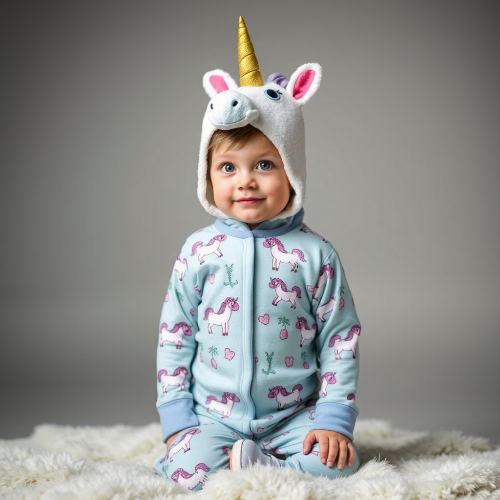 A boy wearing unicorn pajamas.