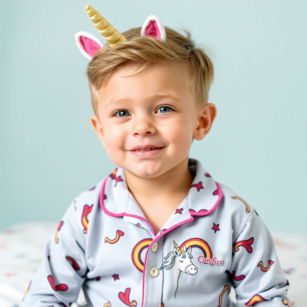 A boy wearing unicorn pajamas.