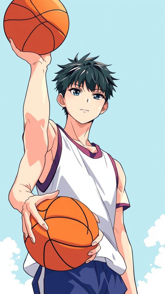 A boy with basketball in anime style scene.