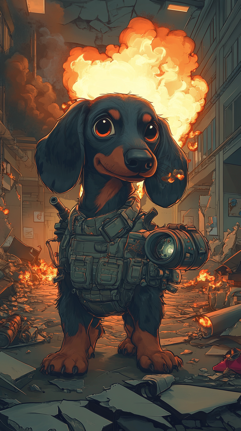 A brave dachshund with weapon in office destruction