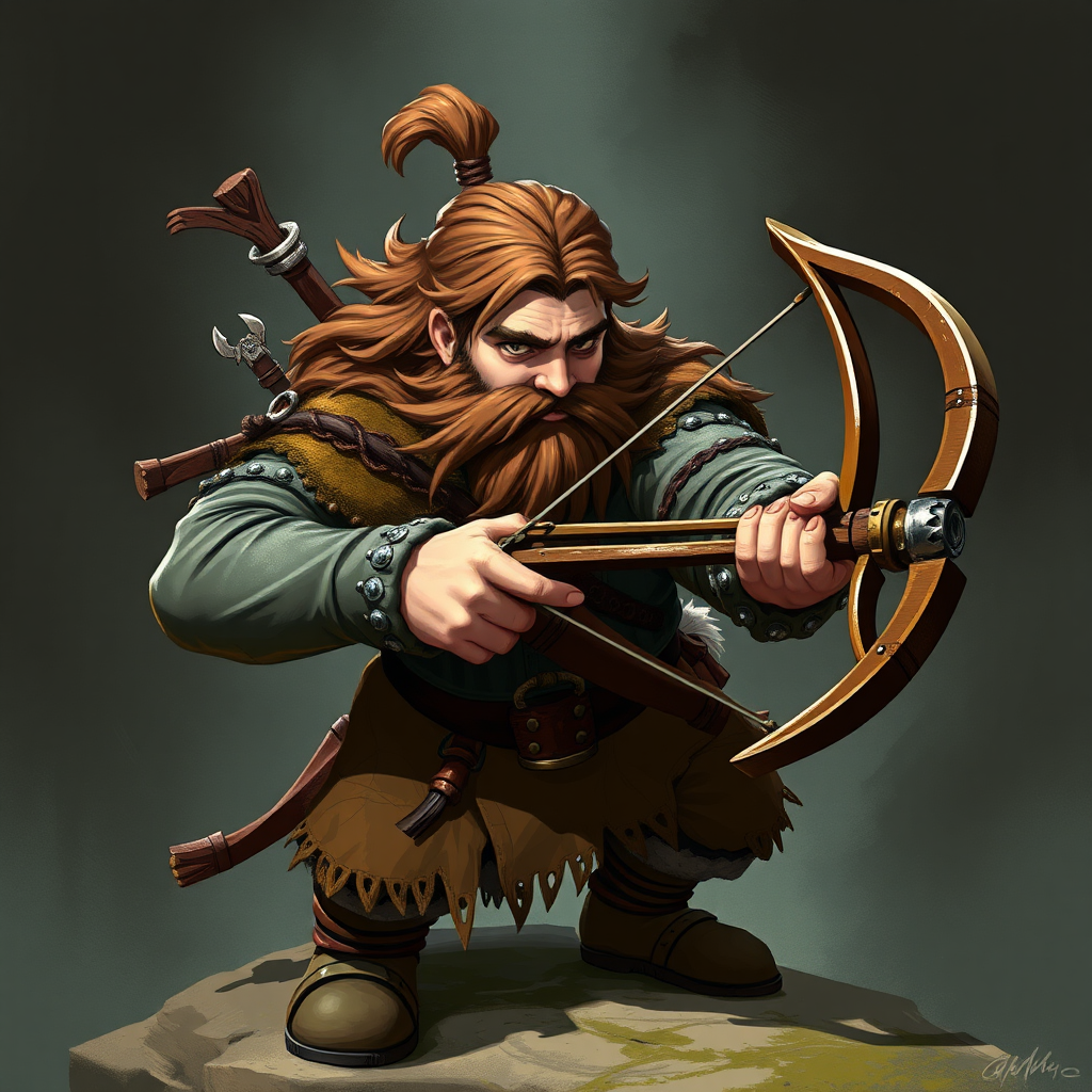 A brave dwarf with brown hair using a crossbow.