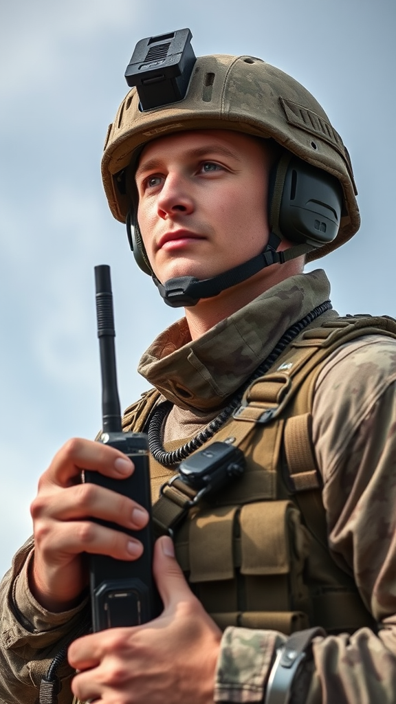 A brave soldier holding a walkie-talkie.