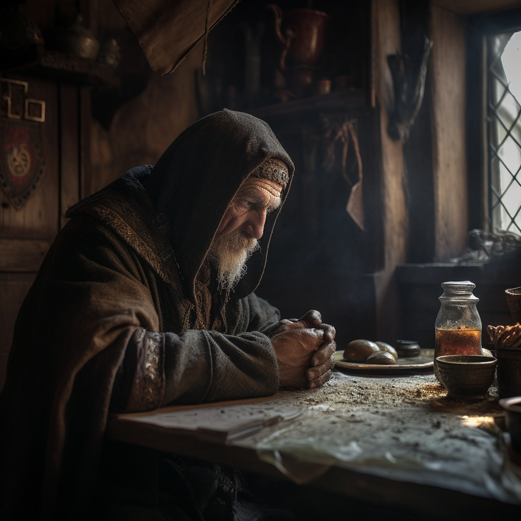 A brave warrior in a medieval tavern morning