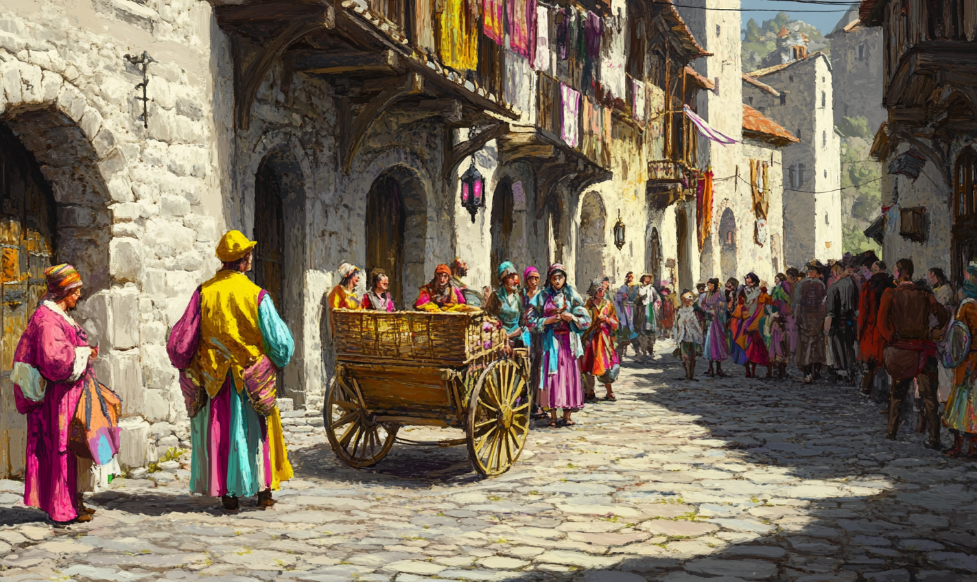 A bright man, old woman, Romani in medieval city.