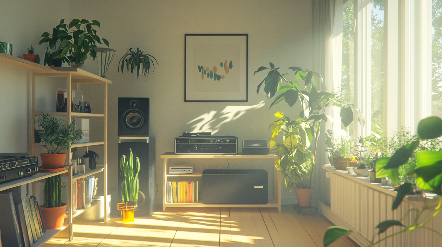 A bright room in a small apartment with plants.