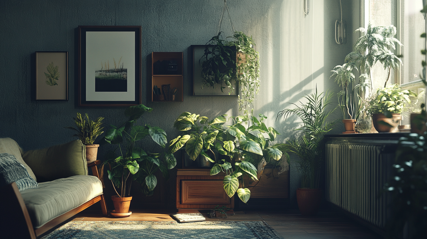 A bright room with plants in a modern apartment.