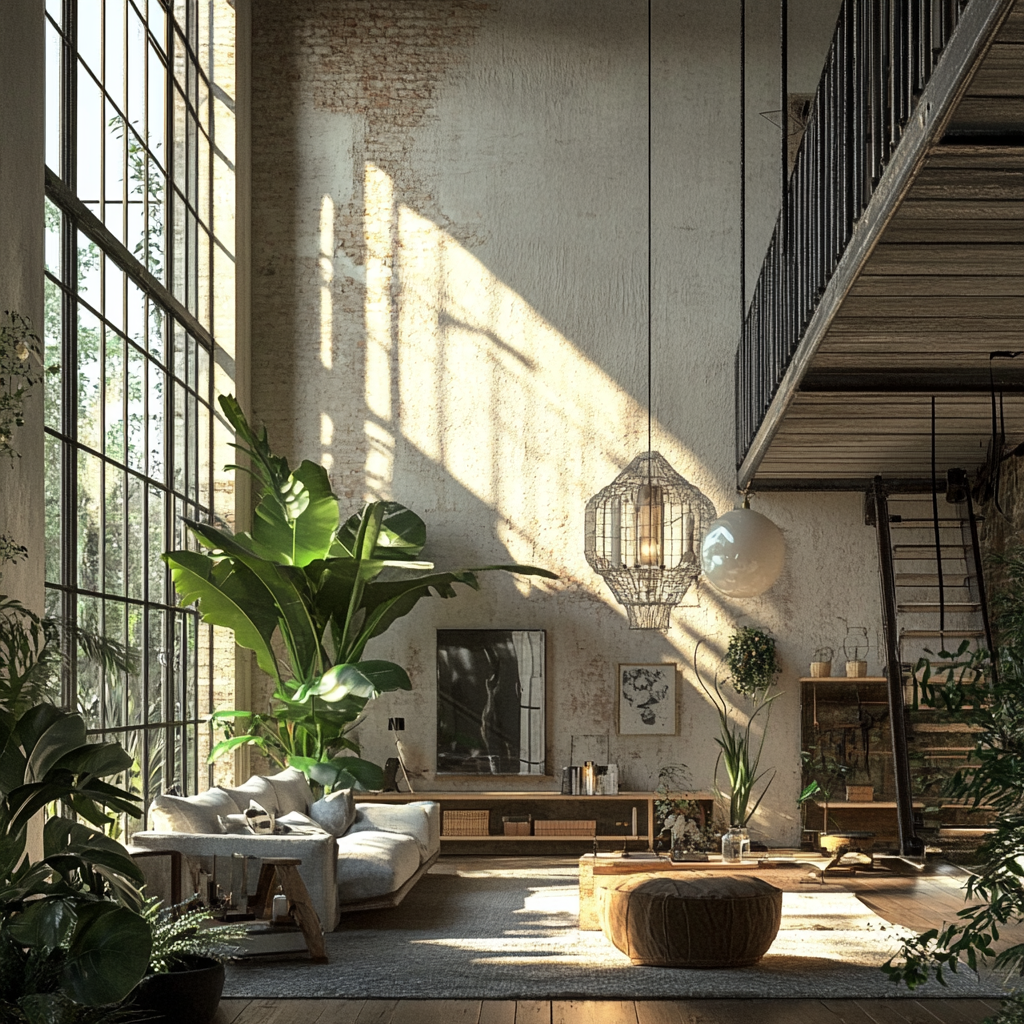 A bright spacious loft filled with plants and art.